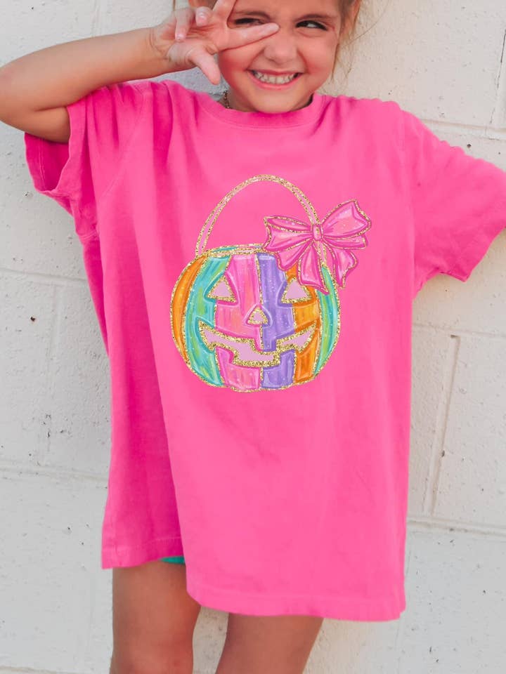 Girls Pumpkin Bucket Short Sleeve Tee for wholesale by Front Porch Boutique