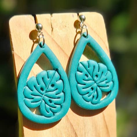 Handmade Polymer Clay Tear Framed Monstera Drop Studs for wholesale by Green Grove Designs