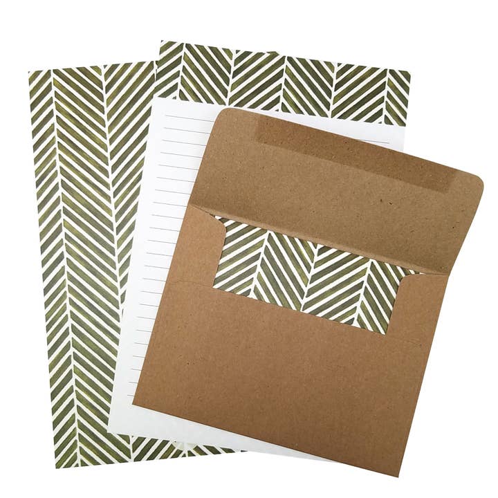 beve! - Wholesale Stationery/Notecard Set - Green Herringbone Letter Writing Stationery Set