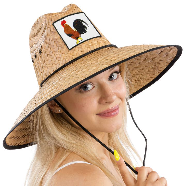 Cap Zone - Wholesale Straw Hat - Unisex - Rooster El Gallo Patch Eyelet Straw Lifeguard Hat