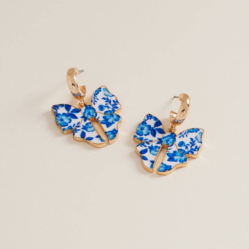 Designature New York - Wholesale Hoop Earrings - Ceramic Bow Enamel Flower Pattern Hoop Earrings0