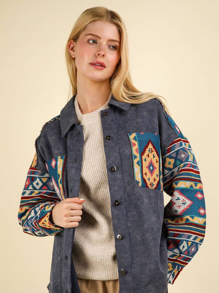 Pine Apparel - Wholesale Shirt Jacket/Shacket - Women's - Denim Aztec Print Shacket1