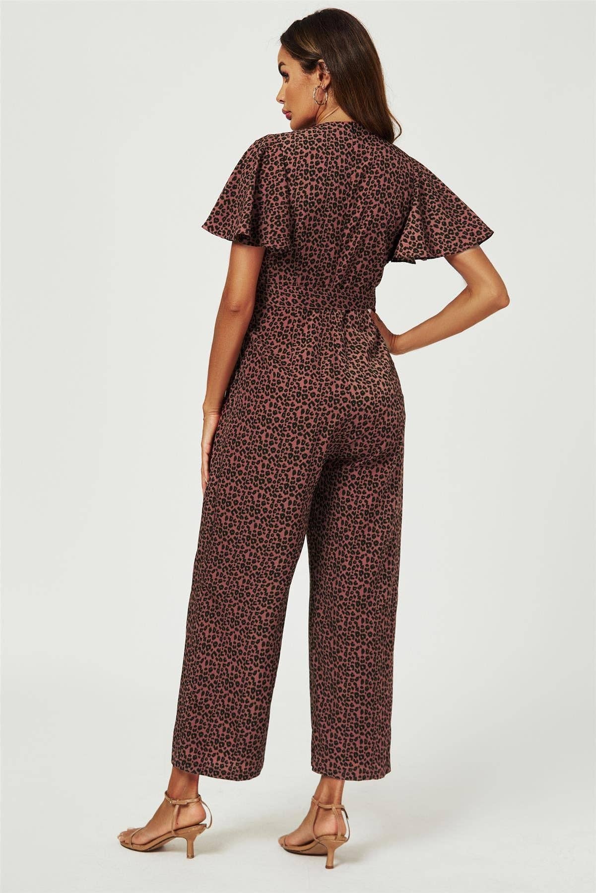 Leopard Print Wrap Top Jumpsuit In Rusty for wholesale on Faire1
