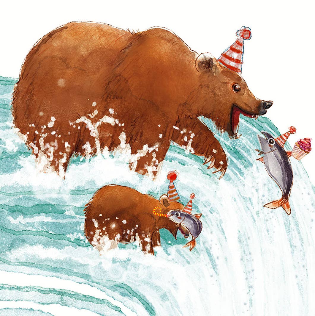 Liyana Studio – wholesale Födelsedagskort – Vattenfall Bear Party - roligt födelsedagskort1