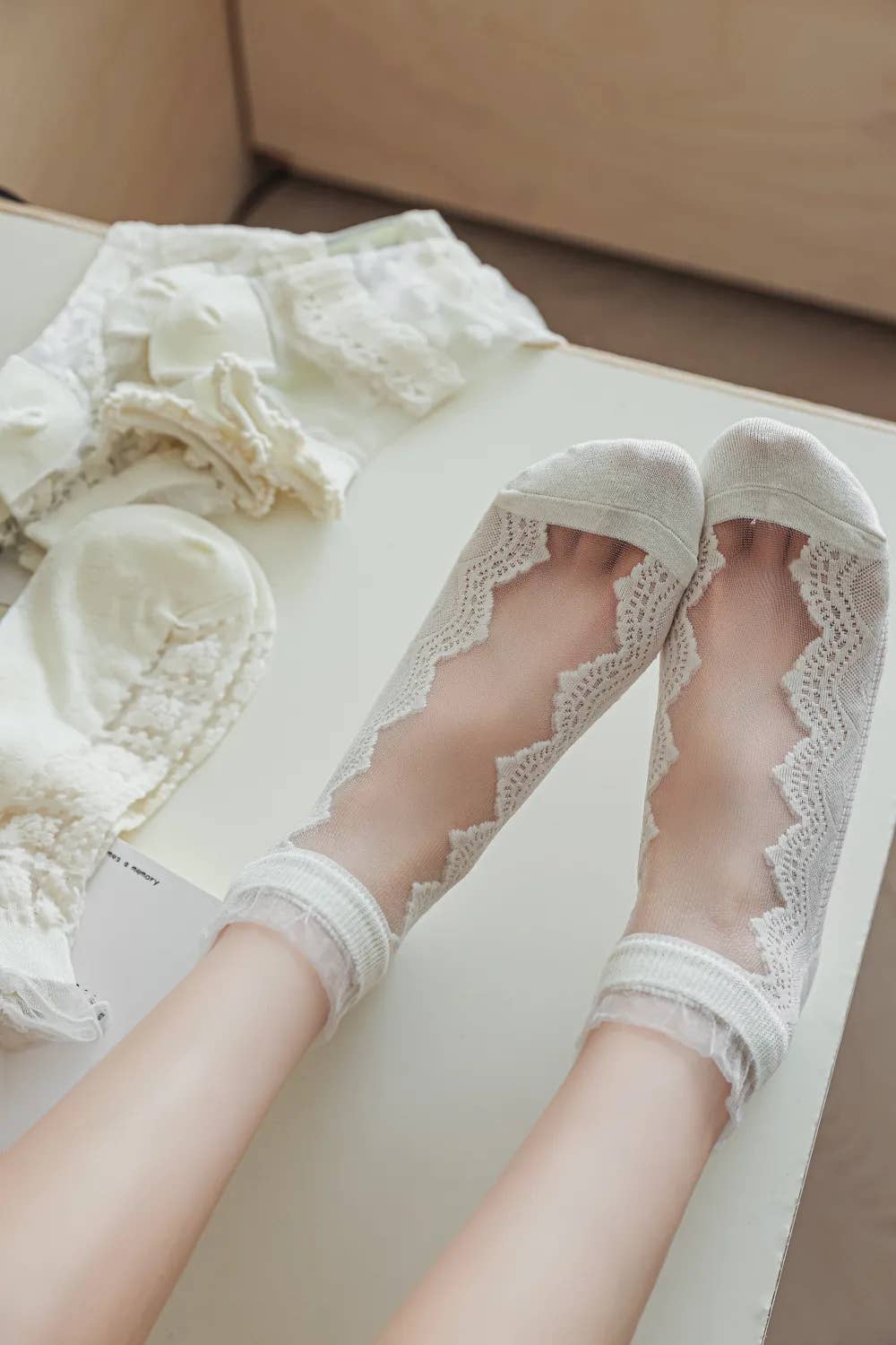 Blank White socks with transparent lace for wholesale on Faire
