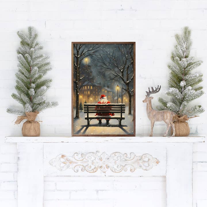 Kendrick Home - Wholesale Christmas Wall Art - Santa On A City Bench1