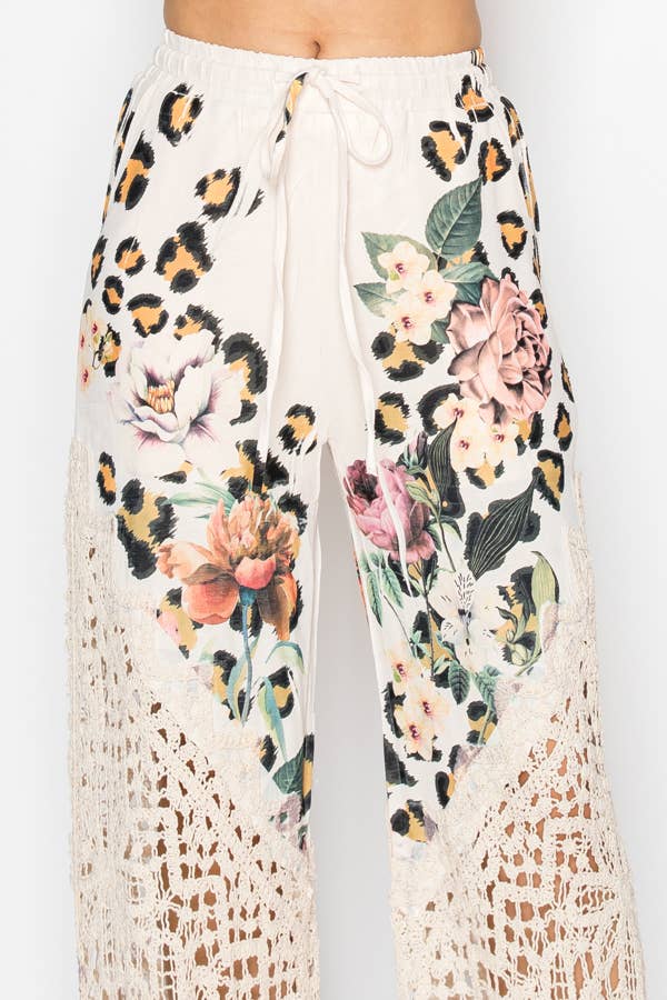 Crochet-Detail Lined Drawstring Pants-4899BG LEO FL for wholesale on Faire2