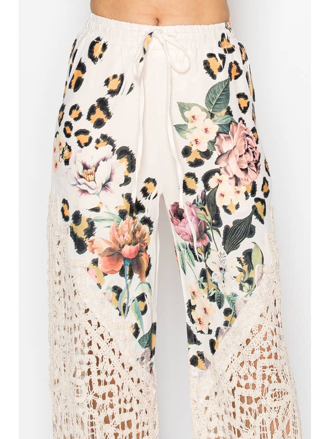 Crochet-Detail Lined Drawstring Pants-4899BG LEO FL for wholesale on Faire2