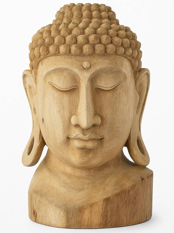Avlångt Buddha-huvud Träskulptur – Suarträ för wholesale av The Bali Wood Co.
