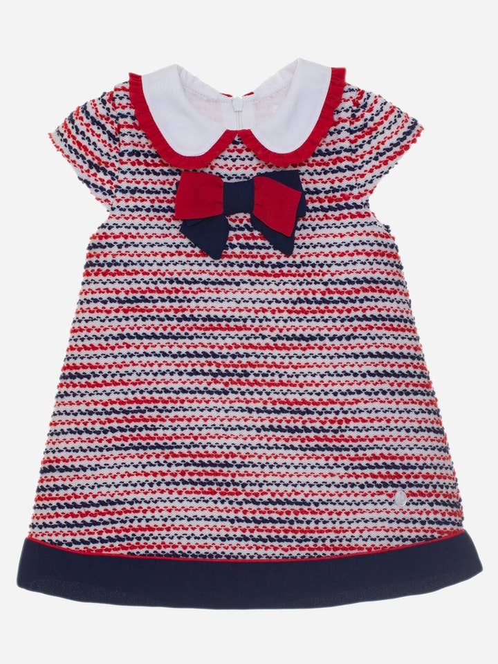 Marineblå og rød kjole lavet i jacquard for engroshandel hos Patachou