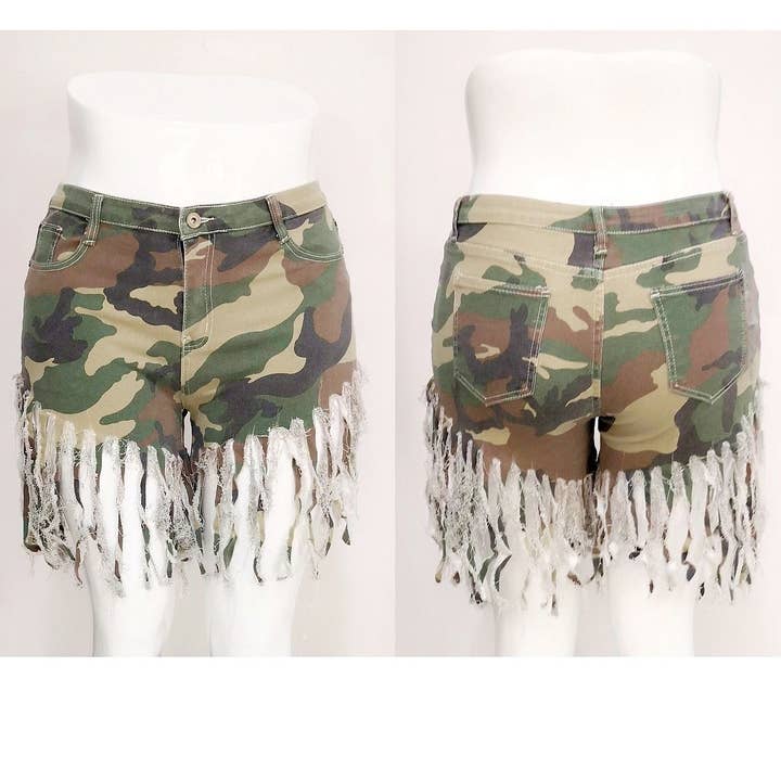 Camo Green Tassel Denim Short Pants Women for wholesale by Diacly