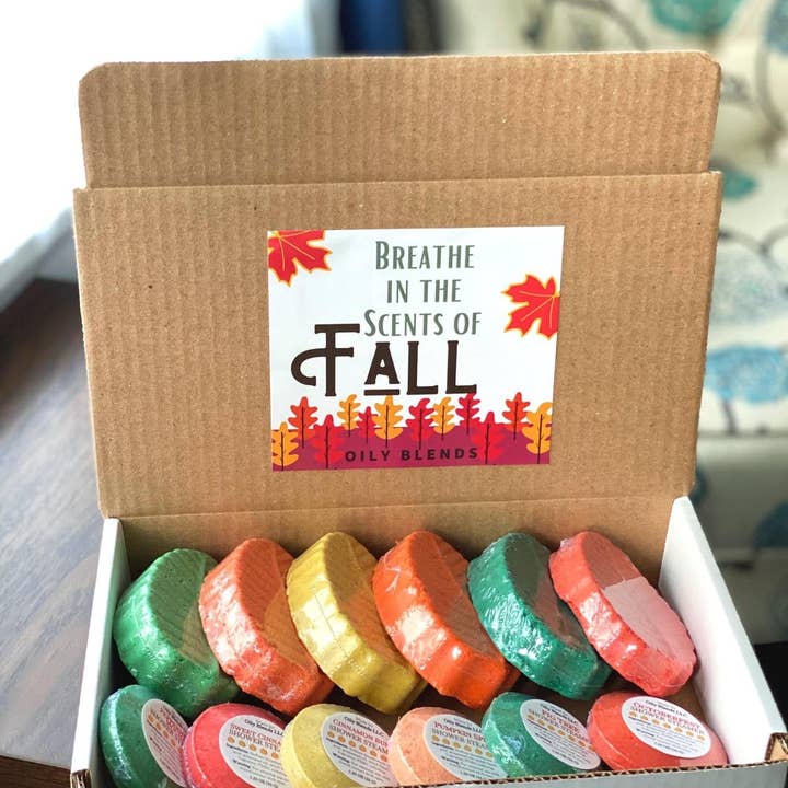 Fall Shower Steamer and Bath Bomb Sampler for wholesale by Oily Blends