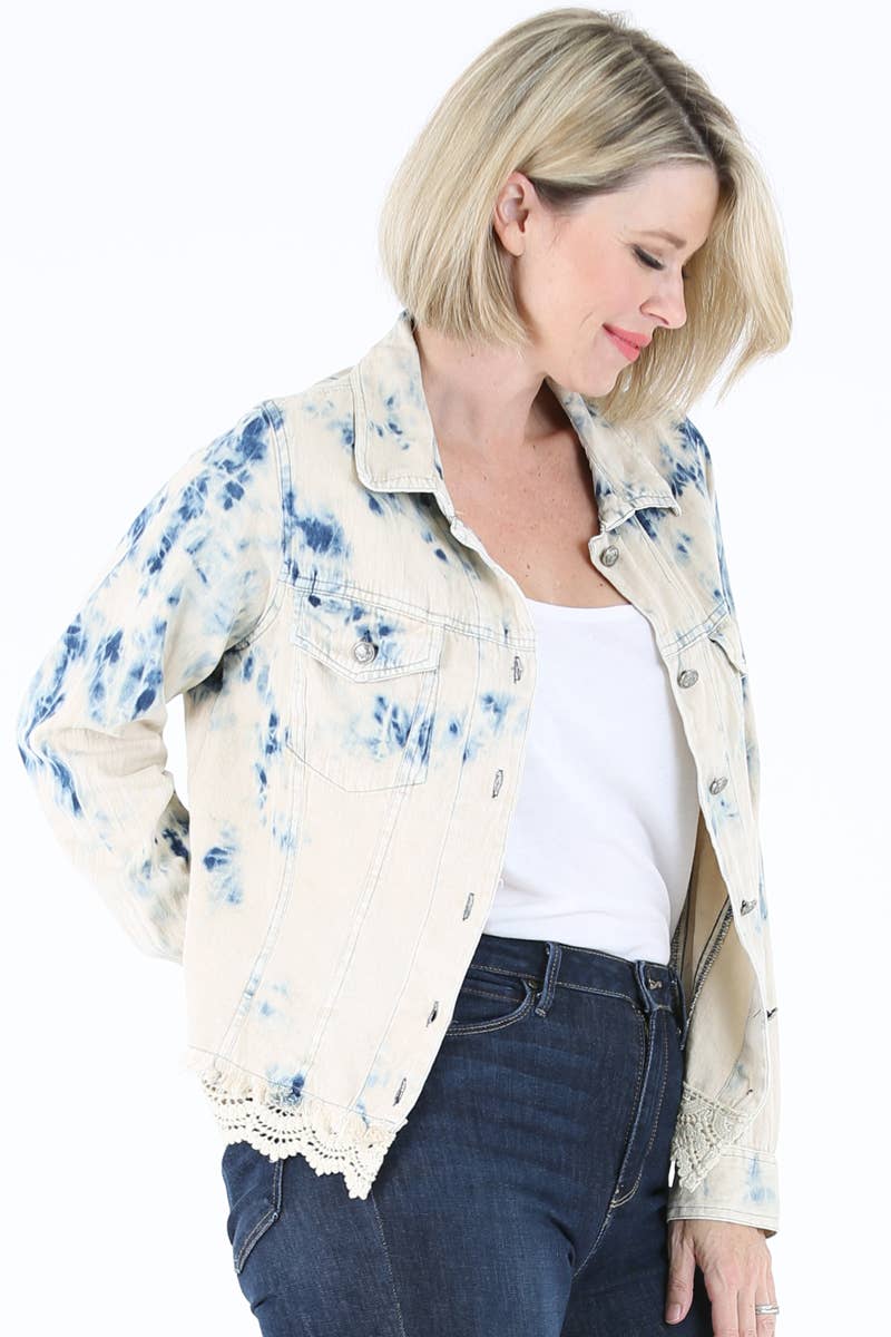 E2T83-ASIS BLEACH TIE DYE WASH DENIM JACKET WITH LACE HEM for wholesale on Faire7