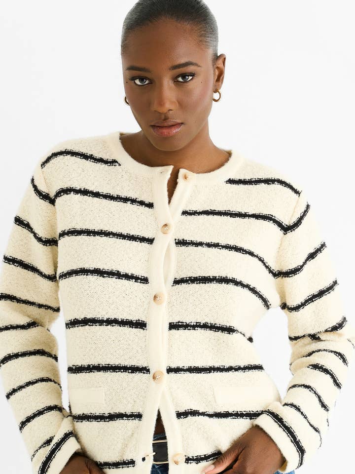 Cream Stripe Boucle Recycle Knit Cardigan for wholesale by GINI LONDON