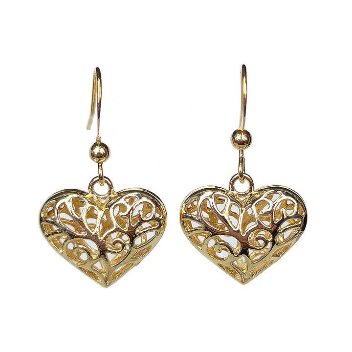 Decorative Hollow Filigree Heart KC Gold Earrings for wholesale by Stylish Jewelry Supply