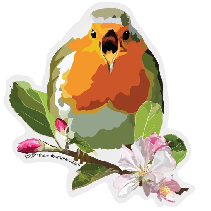 Clear Edge Bird Sticker | Singing Bird with Apple Blossoms for wholesale by The Red Barn Press