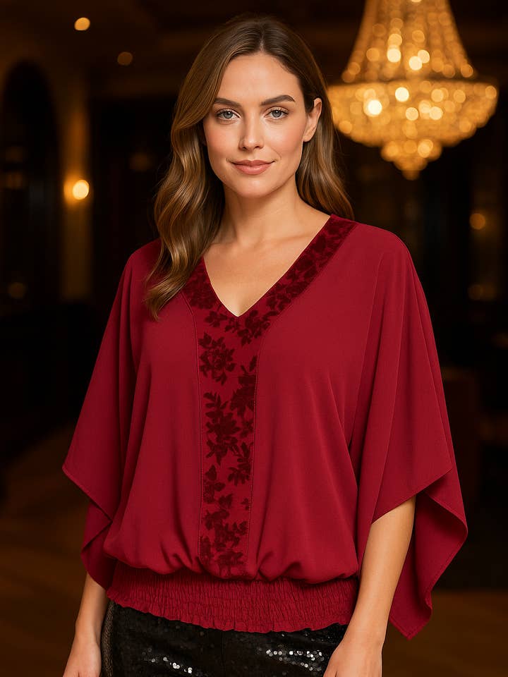 Velvet V neck Angel Sleeve Top for wholesale by Kurt Muller