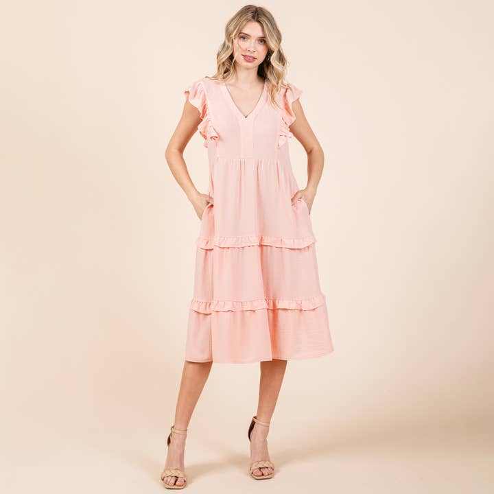 ROLYPOLY - Wholesale Dress - Women's - Ruffled Cap Sleeve Tiered V neck Midi dress