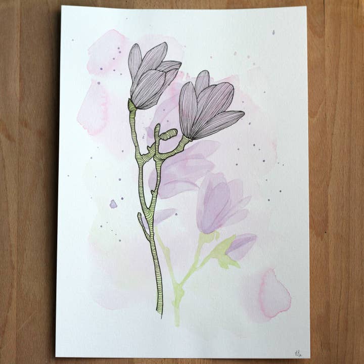 Original watercolor magnolia branch unique piece for wholesale by Atelier E.Pic