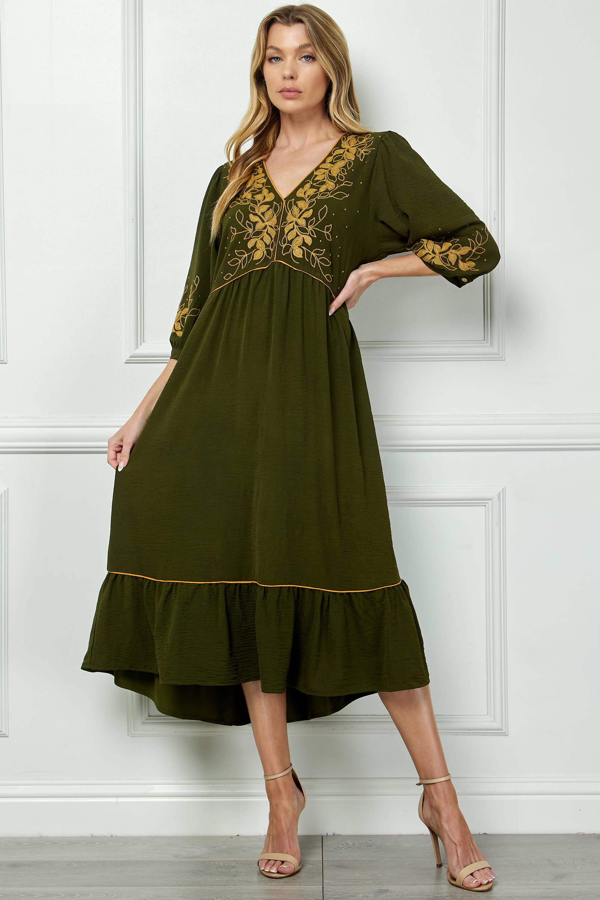 ARMY PIPED FRONT TIERED DRESS WITH EMBROIDERY for wholesale on Faire2