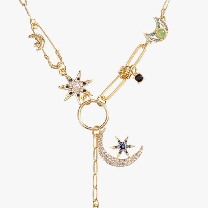 HoopLa - Wholesale Pendant/Charm Necklace - Celestial Coin Charm Hamsa Necklace Lariat Moon2