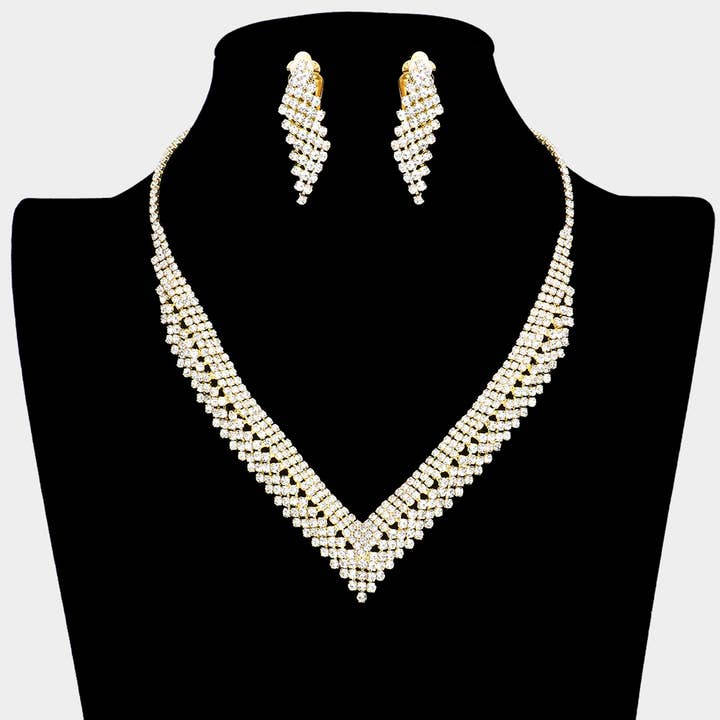 Rhinestone Paved V Shaped Necklace Clip on Earring Set for wholesale by Sensibling Corp.