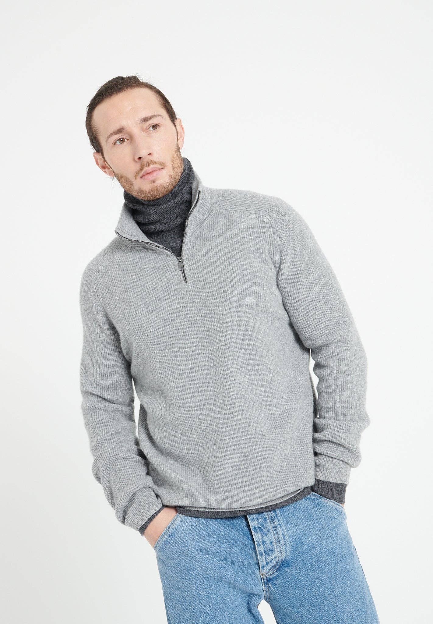 light grey ZACH 2 men's trucker sweater in cashmere for wholesale on Faire1