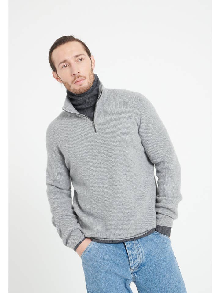light grey ZACH 2 men's trucker sweater in cashmere for wholesale on Faire1