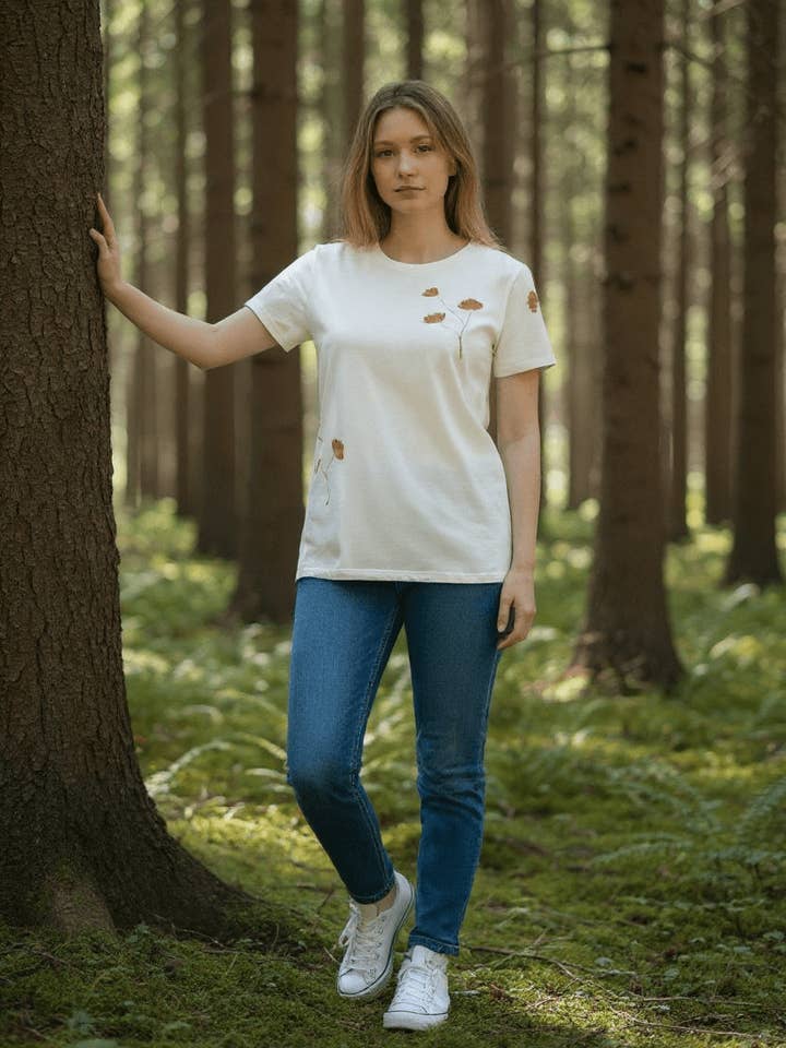 Camiseta estampada con flores naranjas para venta al por mayor de Eucalipto y mimosa