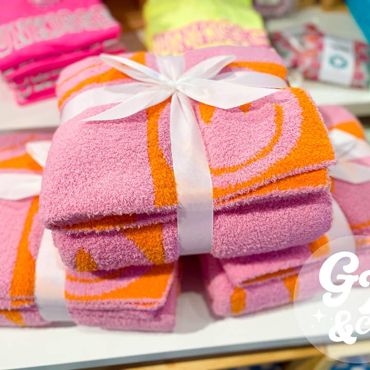 Lux Neon Pink Happy Throw Blanket for wholesale on Faire