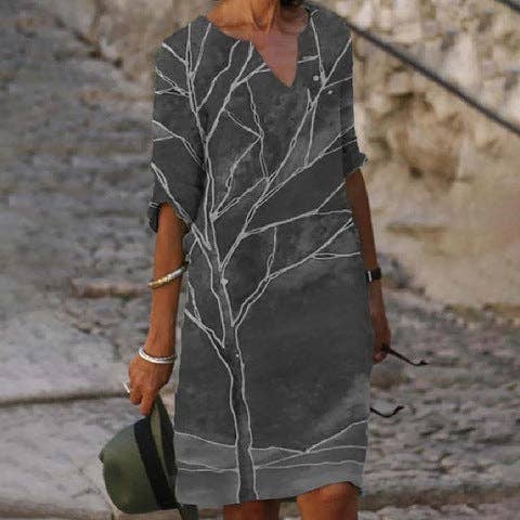 KK Bloom - Wholesale Dress - Women's - Summer Women's Printed Fashion V-neck Loose Plus Size Dress