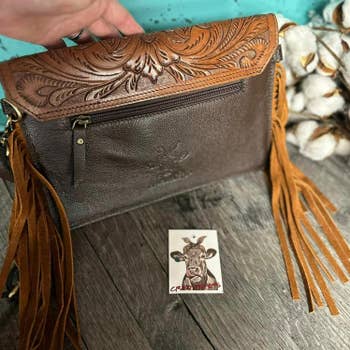 RLC-L159 Montana West Genuine Leather Tooled Collection Fringe Crossbody