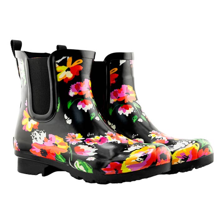 ROMA BOOTS - Wholesale Chelsea Boots - Women's - CHELSEA BLACK FLORAL WOMEN'S ANKLE RAIN BOOTS