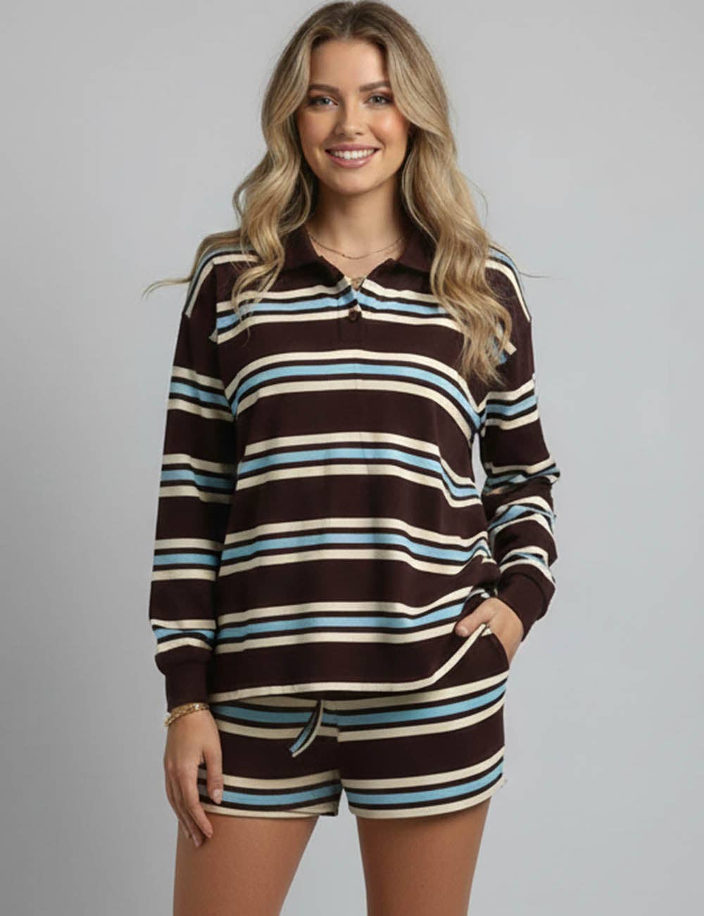 Brun Damers randiga polokrage bredbent sweatshirt och shorts set för wholesale på Faire1