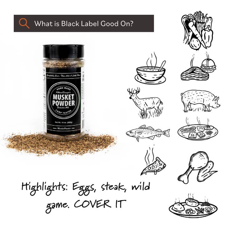 Musket Powder Seasonings – Mistura de especiarias secas por atacado – Rótulo preto em pó de mosquete (ideal para carne vermelha)2