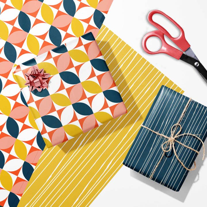 Mod Lounge Paper Company - Wholesale Flat Wrap - Four Petal Geometric Mid Century Modern Gift Wrap Set2