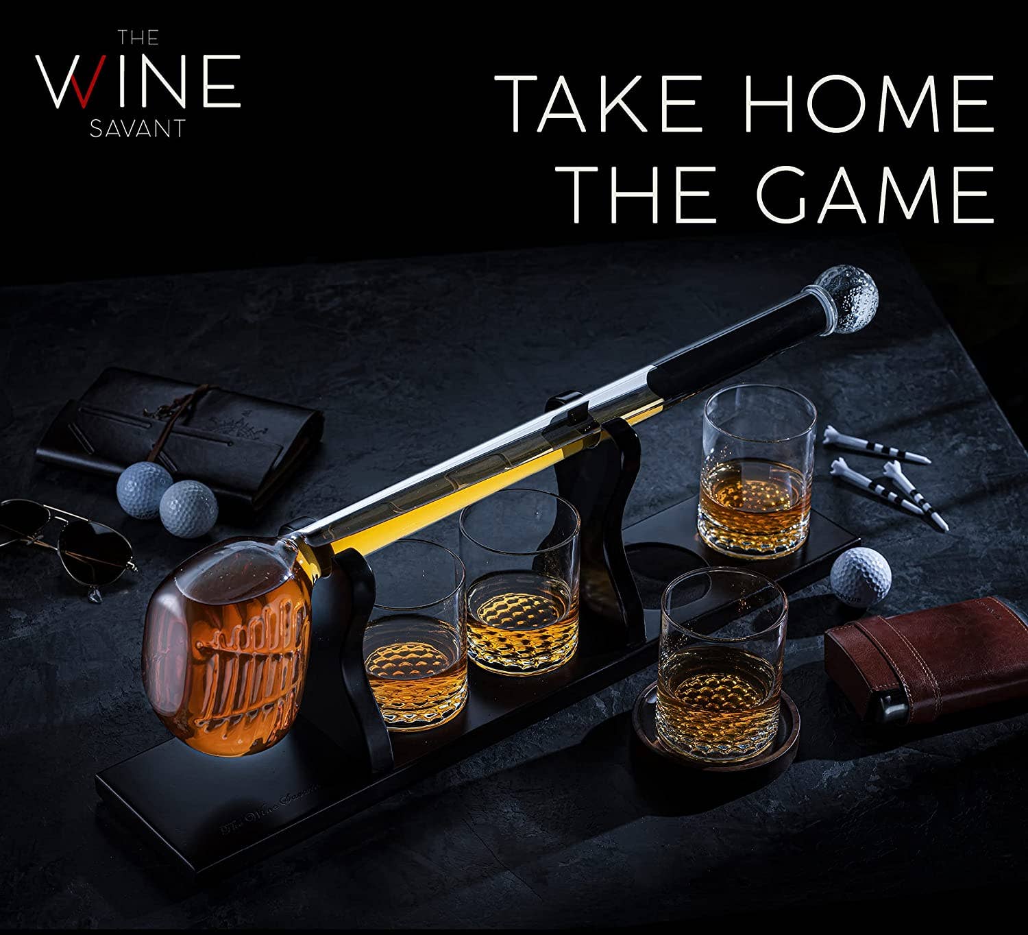 The Wine Savant /  Khen Glassware - Wholesale Cocktail/Liquor Glass - Golf Club Whiskey Decanter and 4 Liquor Glasses1