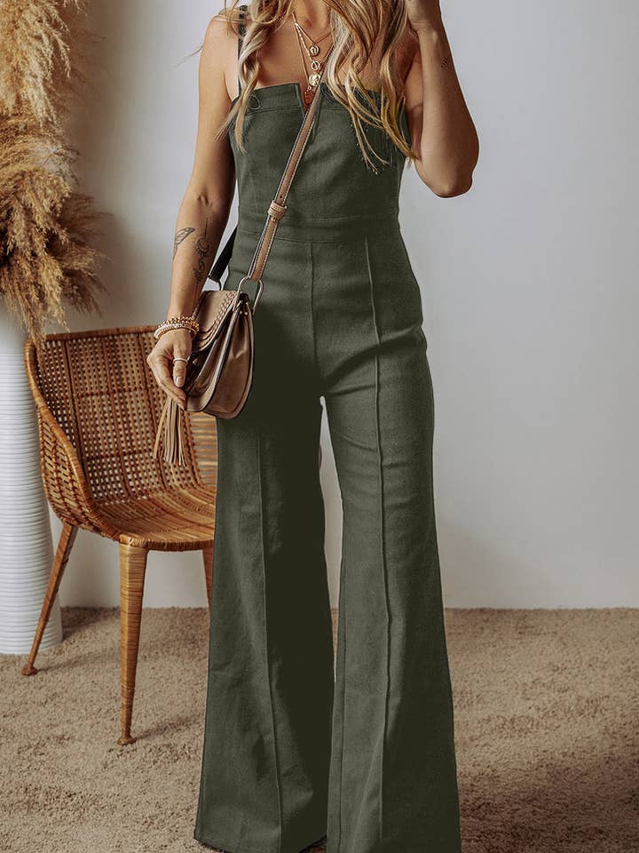 FULL TIME PURCHASE - Wholesale Jumpsuit - Women's - Seamed Zipper Spaghetti Strap High Waist Flared Jumpsuit