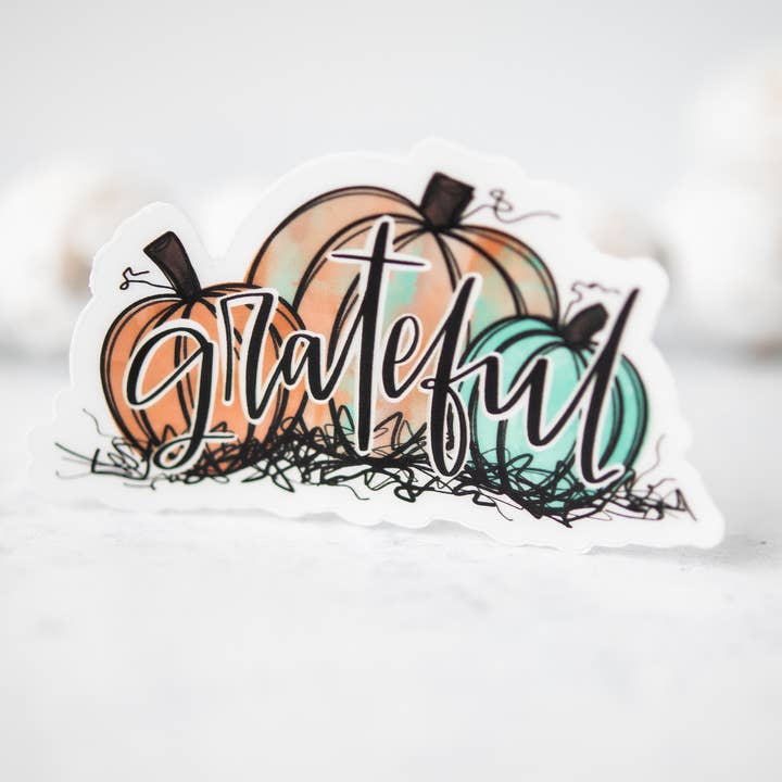 Grateful Pumpkins, Fall Clear Vinyl Sticker, 3x3 inch for wholesale by Savannah and James Co
