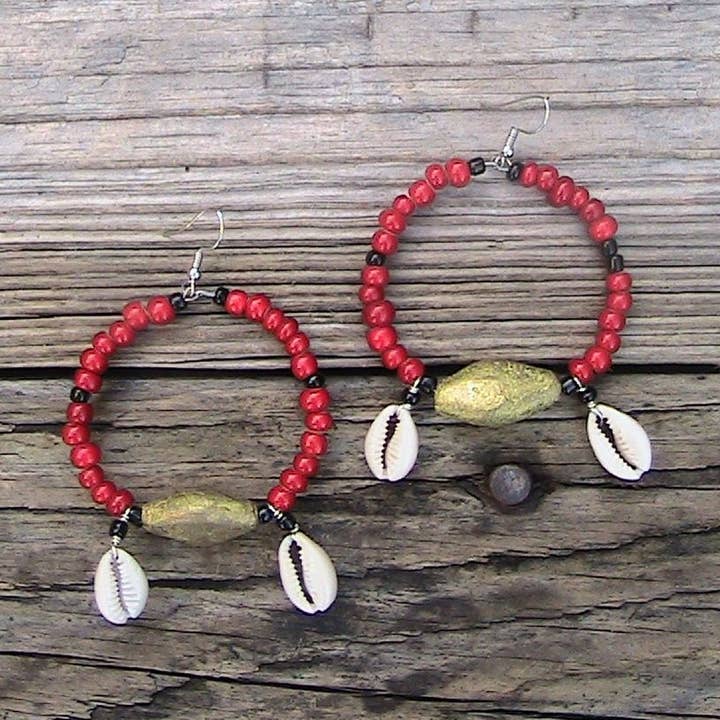 Red Brass & Cowrie Hoops for wholesale by Reflections African Jewelry LLC