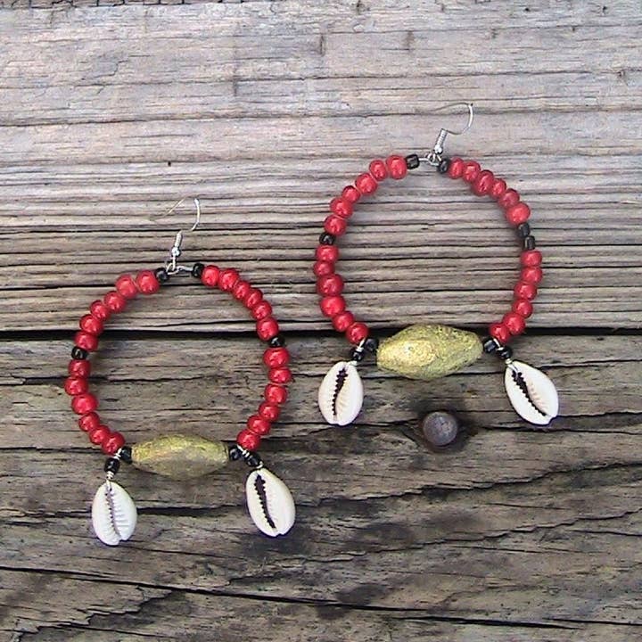 Red Brass & Cowrie Hoops for wholesale by Reflections African Jewelry LLC