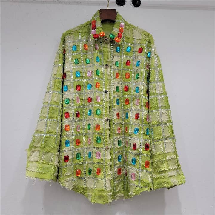 Productseeker - Wholesale Button Down Shirt - Women's - JK081 Chic Rhinestone Checkered Shirt - Women’s Fashion
