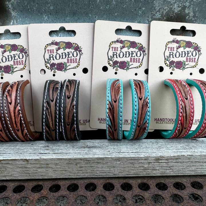 Tooled Leather Hoop Earrings 50mm Cowgirl Rodeo Western for wholesale by The Rodeo Rose
