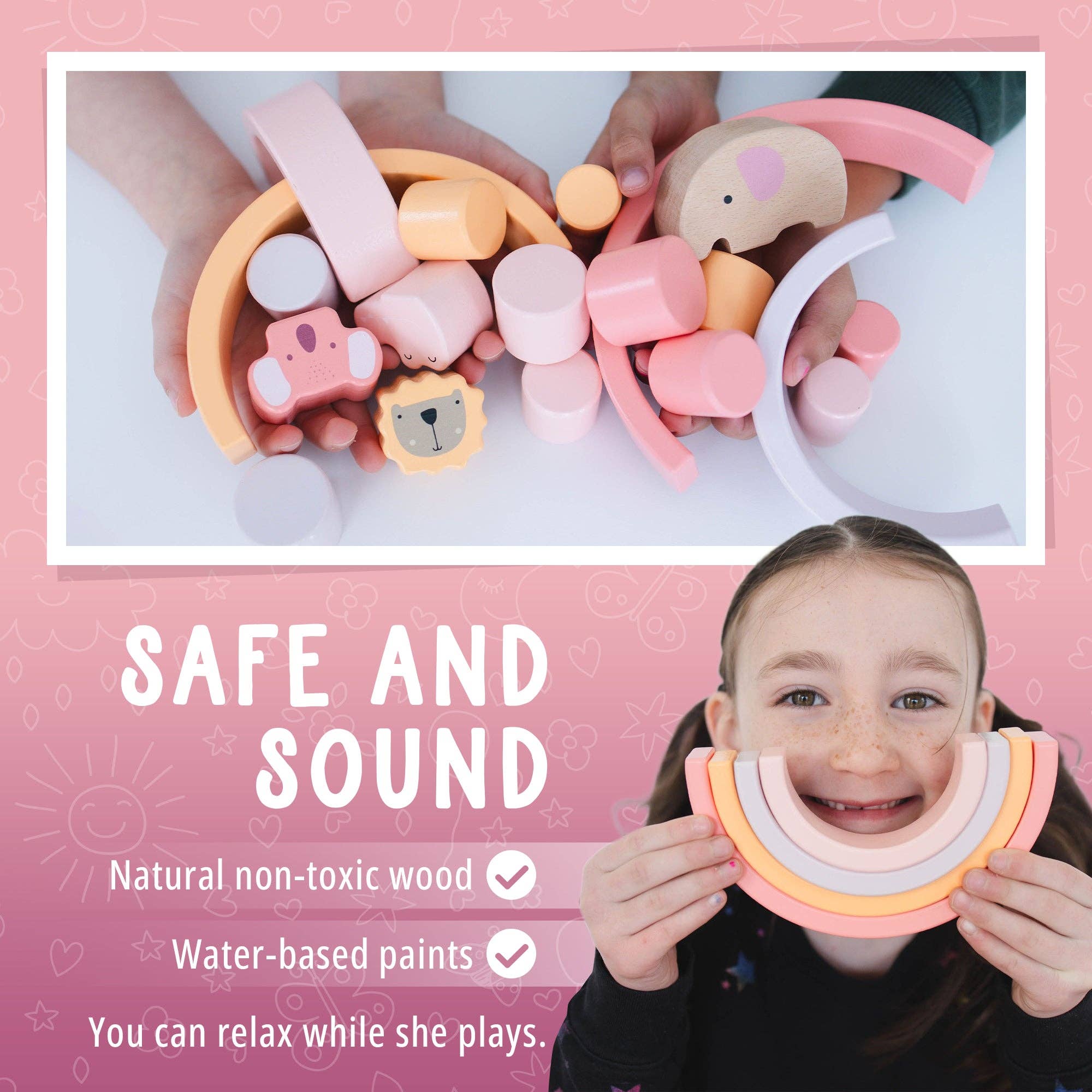 Spirit 'N Sprout - Wholesale Stacking Rings Game - Baby - Pink Animal Stacking Set - 21 Pieces included with Storage Bag - Wooden Rainbow Stacker Gift for Girls6