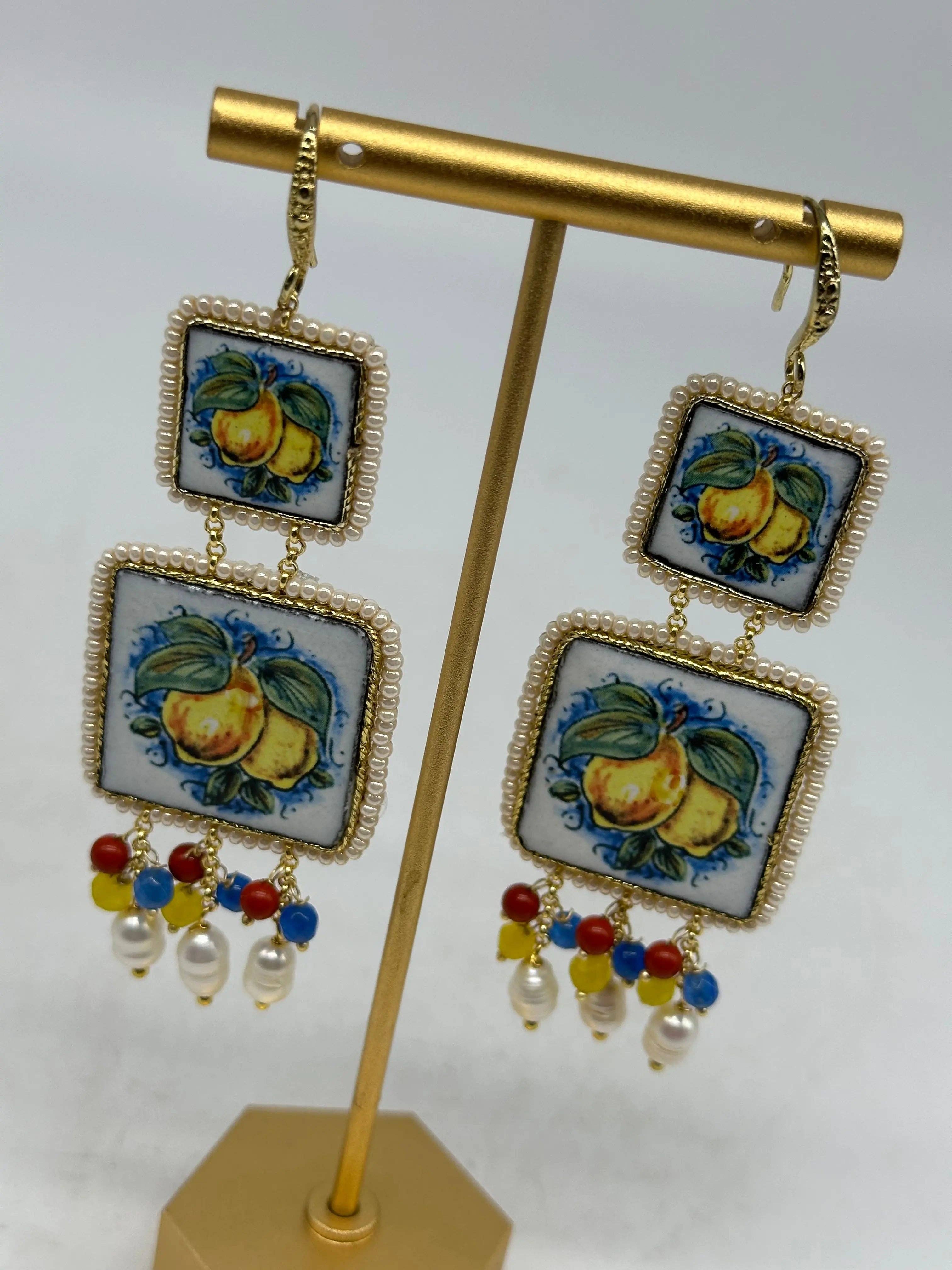 DD Ceramiche Siciliane - Wholesale Dangle Earrings - Caltagirone Ceramic Tile earrings, white frame, stones, pearls V.21