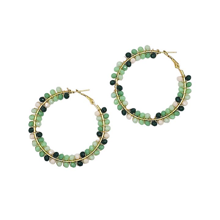 Narratives The Line - Wholesale Hoop Earrings - Green Ombre Mix Glass Beaded Hoop Earrings