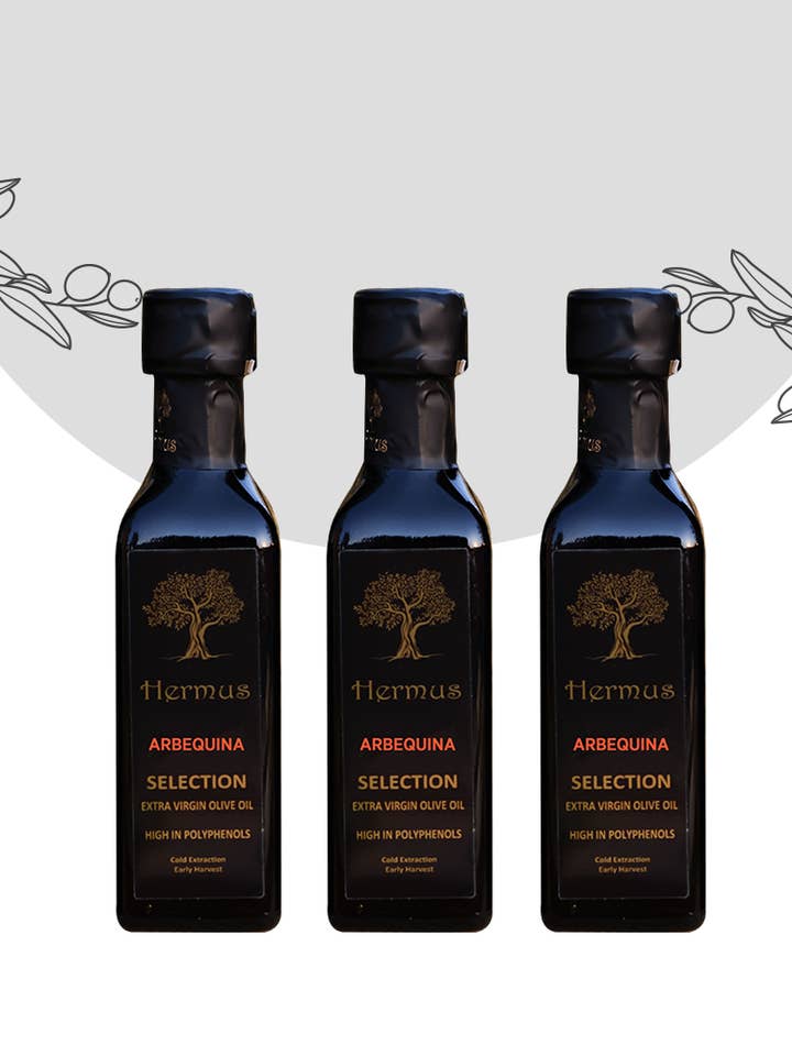Hermus Arbequina ekstra jomfru olivenolie 3-pack, 100 ml - Early Harvest 2022 for engroshandel hos Hermus Olive Oil