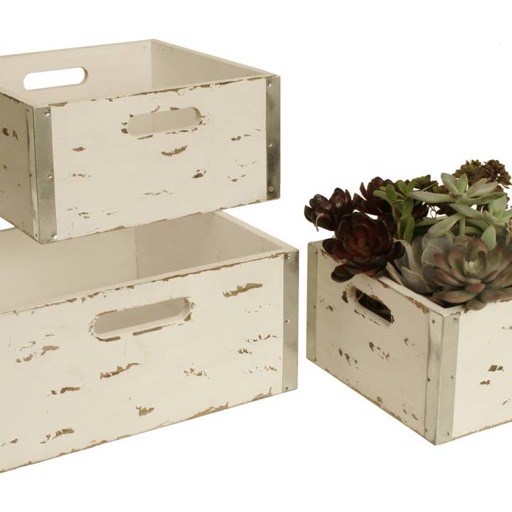 WALD IMPORTS - Wholesale Storage Bin - Set of 3 White Wood Crates