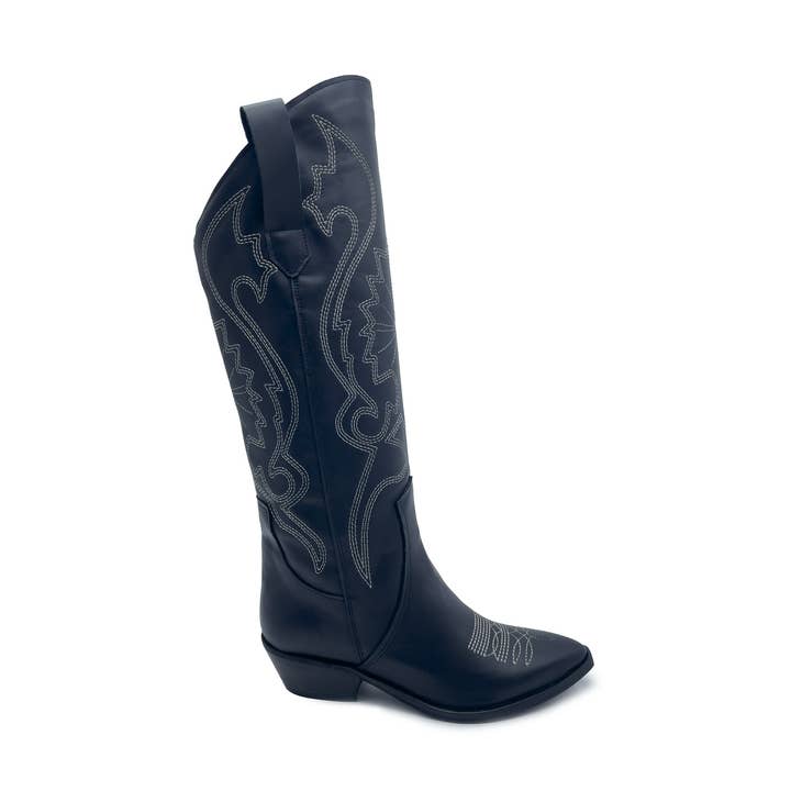 Tex01 Damen Cowboy-Stiefel aus echtem schwarzen Leder mit Stickereien für den Großhandel von WALKING NOW SRL