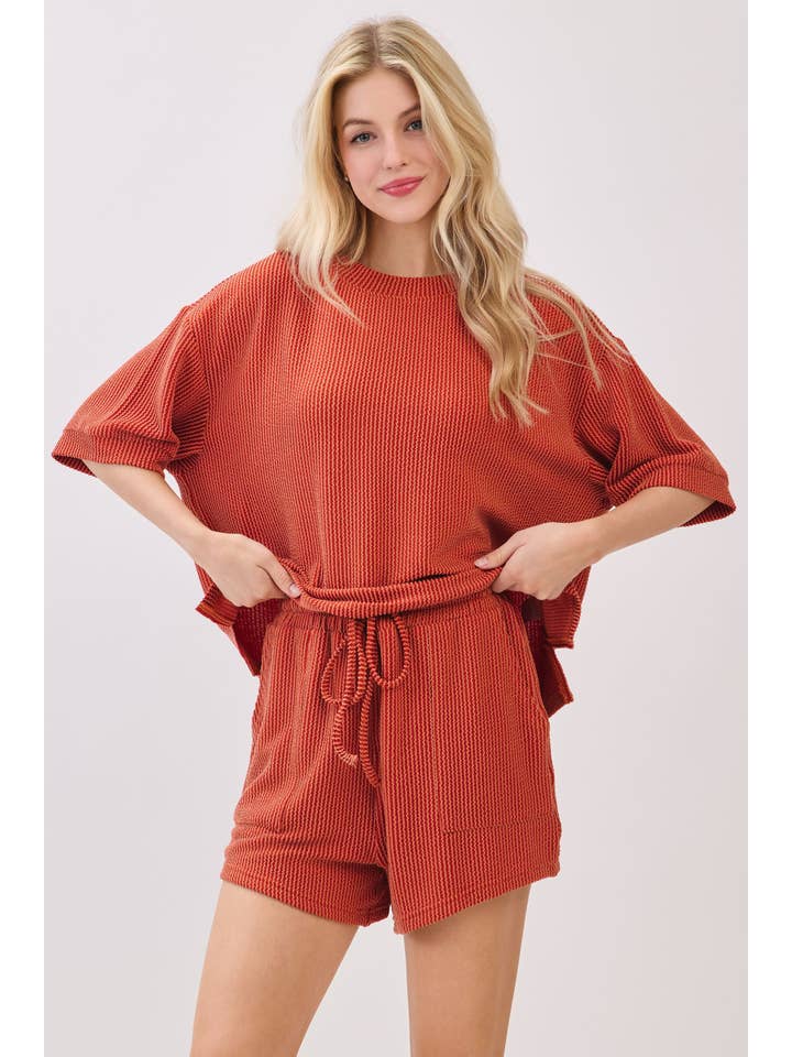 Sewn and Seen - Wholesale Lounge Set - Women's - RIBBED ROUND NECK TOP AND SHORTS SET46